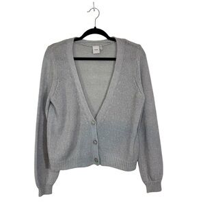 Ichi Open Knit Cardigan Woman’s Sz S Gray Rhinestone Button V Neck Stretch
